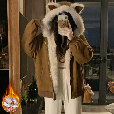 批发实拍猫耳朵座山雕麂皮毛领连帽2025派克服外套cleanfit美式<b class='q'>情侣装</b>