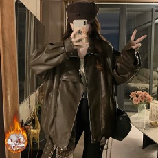 批发实拍 复古<b class='q'>机车</b>翻领pu<b class='q'>皮衣</b>夹棉外套女酷飒风2025冬加绒皮夹克上衣