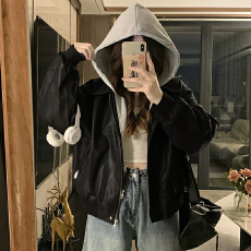 批发实拍 假两件连帽拼接pu皮夹棉外套秋冬季宽松<b class='q'>潮流</b>百搭上衣情侣潮