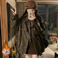 批发实拍黑色复古机车翻领pu皮衣外套女酷飒风2025秋冬夹棉皮夹克上衣