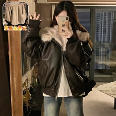 批发实拍 秋冬宽松大毛领座山雕皮衣女2025新款加厚保暖连帽外套短款