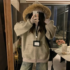 批发实拍冬季美式<b class='q'>潮</b>牌条纹可拆卸毛领拉链开衫夹棉卫衣男连帽情侣外套