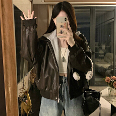 批发实拍 复古气质黑色假两件<b class='q'>皮衣</b>外套女短款小个子2026春pu皮夹克