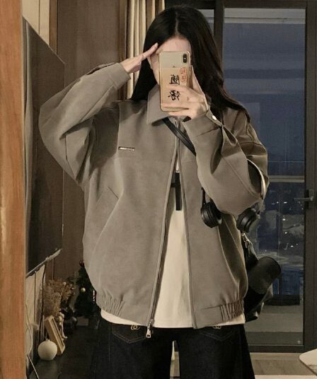 실사 아메리칸 레트로 PU 가죽 폴로 칼라 재킷 남녀 봄 조수 브랜드 커플 루즈핏 다용도 오토바이 재킷