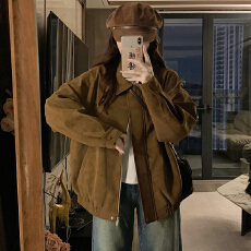 批发实拍 复古麂皮夹克女春美式宽松翻领休闲百搭外套上衣高级外衣潮
