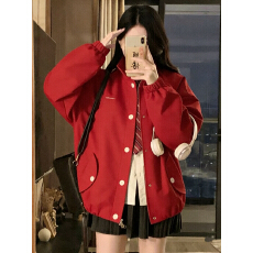 批发廓形立领美式单排扣短款夹克男女刺绣休闲翻领外套