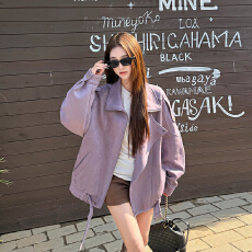 批发实拍 韩式简约风紫色麂皮绒皮衣外套女2026春新款设计<b class='q'>夹克</b>机车服