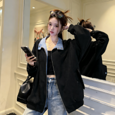 批发实拍 明星同款格子拼接麂皮绒外套女2026春季棒球服休闲<b class='q'>夹克</b>潮