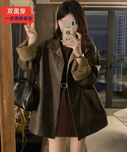 실사 양면 착용 스웨이드 싸움 가죽 자켓 재킷 디자인 센스 2026 봄 새로운 커플 섹션 가죽 재킷 재킷