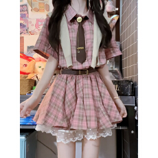 批发韩系复古学院风格子衬衫<b class='q'>连衣裙</b>女2026夏季收腰a字百短袖褶裙子