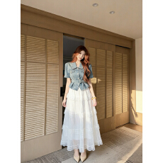 批发实拍 韩版时尚套装2026夏季新款复古收腰牛仔<b class='q'>上衣</b>显瘦<b class='q'>网纱</b>半身裙