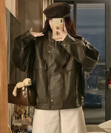실사 외국 가스 달콤한 차가운 가스 질감 캐주얼 가죽 재킷 여성 코트 오토바이 바람 2026 가을 새로운 다용도 가죽 자켓