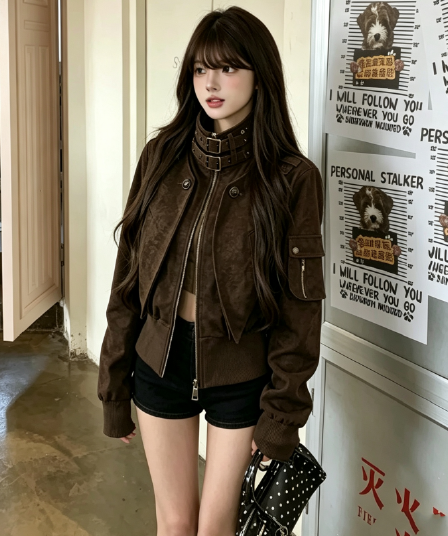 실사 검정색 스탠드 칼라 워크웨어 재킷 레트로 견장 몸매 가꾸기 허리 수축 쇼트 스타일 여성 코트 2026 가을 새로운