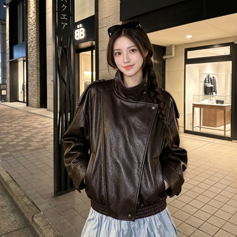 BY37032# 长袖立领仿皮夹克外套秋季新款PU皮衣重工复古宽松上衣女  服裝批發女裝批發服飾貨源