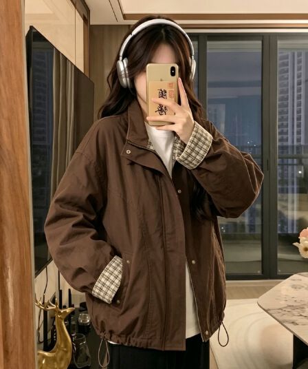 실사 레트로 루즈핏 캐주얼 체크무늬 여성 코트 봄 가을 2026 새로운 작은 키 쇼트 스타일 재킷 맨위 트렌디