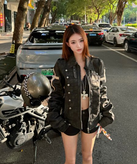 실사 이문화 궁정 바람 긍정적 인 어깨 재킷 여성 코트 이른 가을 십자가 쇼트 스타일 몸매 가꾸기 가죽 재킷 시각 부서 트렌디