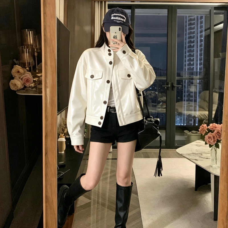 BY37031# 白色皮衣女春秋薄款小众设计感宽松休闲韩版短皮夹克外套  服裝批發女裝批發服飾貨源