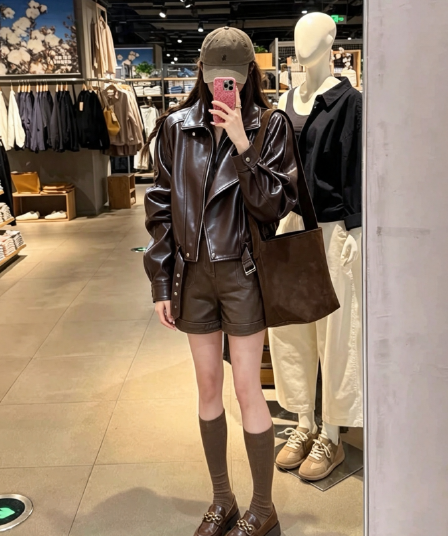 실사 커피 색상 마이크로 바보 빛 pu 가죽 빅 칼라 레이스업 쇼트 스타일 루즈핏 가죽 재킷 재킷 트렌디 2026 가을 새로운