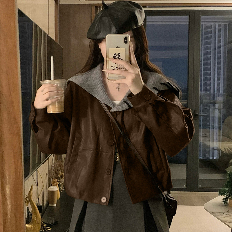 BY37026# 大翻领皮衣外套女短款秋季新款高级感夹克小个子宽松上衣  服裝批發女裝批發服飾貨源