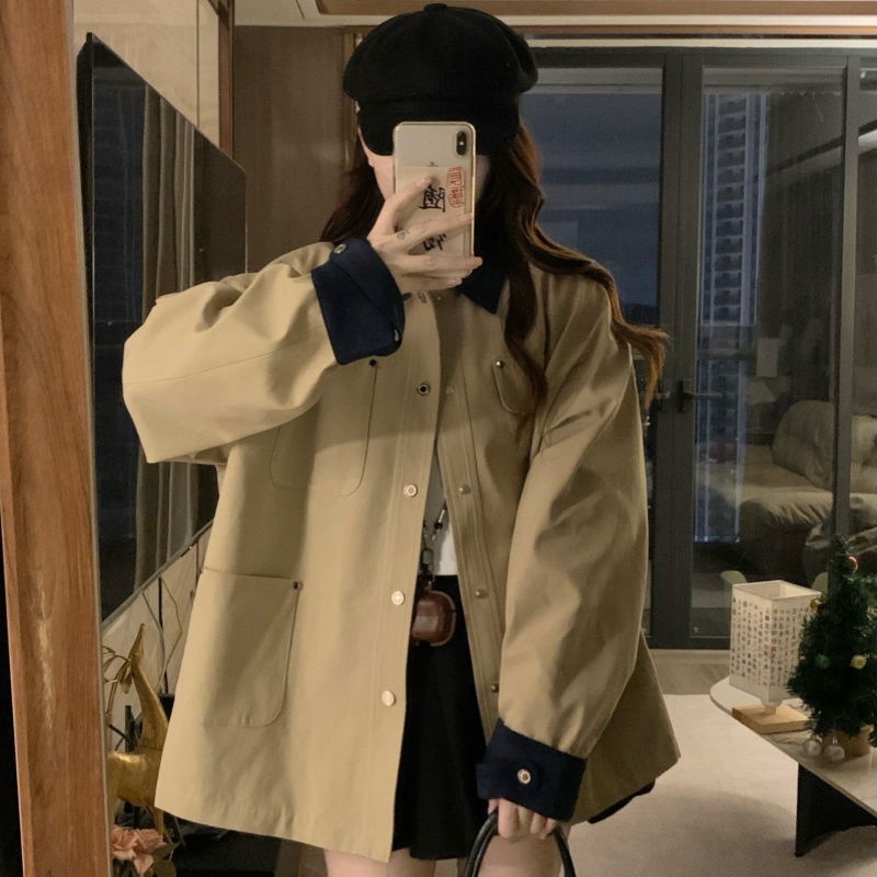 BY37028# 古拼接撞色风衣女秋季宽松格子卡其色夹克外套  服裝批發女裝批發服飾貨源