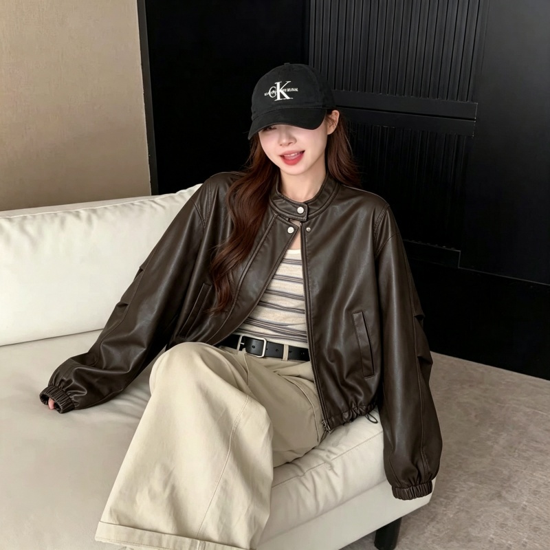 BY37029# 皮衣女秋季新款气质复古PU皮外套女宽松抽绳百搭夹克外套  服裝批發女裝批發服飾貨源