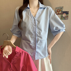 批发实拍2026复古港风纯色<b class='q'>短袖</b><b class='q'>衬衫女</b>夏季衬衣宽松显瘦百搭休闲上