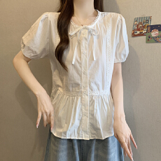 批发实拍2026甜美百搭<b class='q'>娃娃衫</b>绑带小上衣法式<b class='q'>蕾丝</b>花边拼接