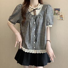 批发实拍2026蕾丝花边拼接短袖<b class='q'>格子</b><b class='q'>衬衫</b>女夏新款宽松显瘦洋气小衫上衣