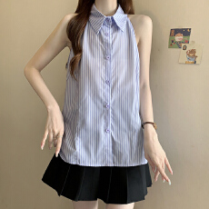 批发实拍2026夏季新款收腰后背系带条纹无袖<b class='q'>衬衫</b>