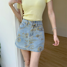 批发实价实拍 高腰弹力花朵印花复古牛仔裙a字裙辣妹包臀牛仔短裙