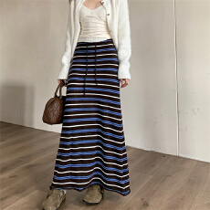 批发实拍实价 撞色<b class='q'>条纹</b>裙 配色显瘦软糯针织裙<b class='q'>半身裙</b>长裙