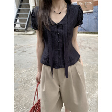 批发实价实拍 黑色v领泡泡袖显瘦<b class='q'>衬衫</b>复古气质收腰上衣