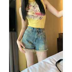 批发特价款 实拍 后口袋撞色设计感牛仔裤 彩色涂鸦高腰短裤阔腿裤女