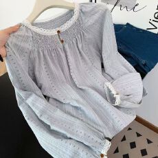 批发法式小众时尚<b class='q'>碎花</b>条纹灯笼袖<b class='q'>衬衫</b>女秋季甜美拼接长袖上衣