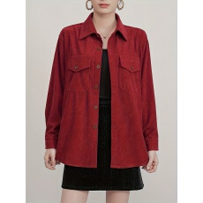 批发秋冬灯芯绒宽松长袖韩版衬衫女红色高级感气质别致慵懒风衬衣外套
