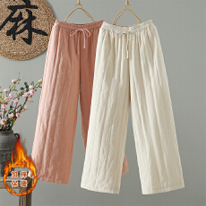 批发实拍#纯色亚麻休闲阔腿棉<b class='q'>裤</b><b class='q'>女</b>冬季外穿松紧腰宽松系带<b class='q'>裤</b>子