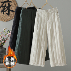 批发实拍#2025冬季艺复古中式松紧腰宽松休闲<b class='q'>亚麻</b>夹棉加厚阔腿<b class='q'>裤</b>