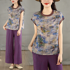 批发实拍#2026夏季高级感莫奈油画小衫宽松短袖上衣百搭阔腿<b class='q'>裤</b><b class='q'>套装</b>