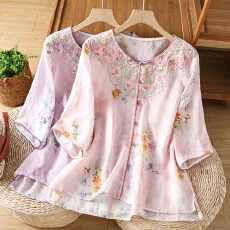 实拍#2026夏新款复古圆领对襟盘扣套头亚麻重工刺绣百搭小衫