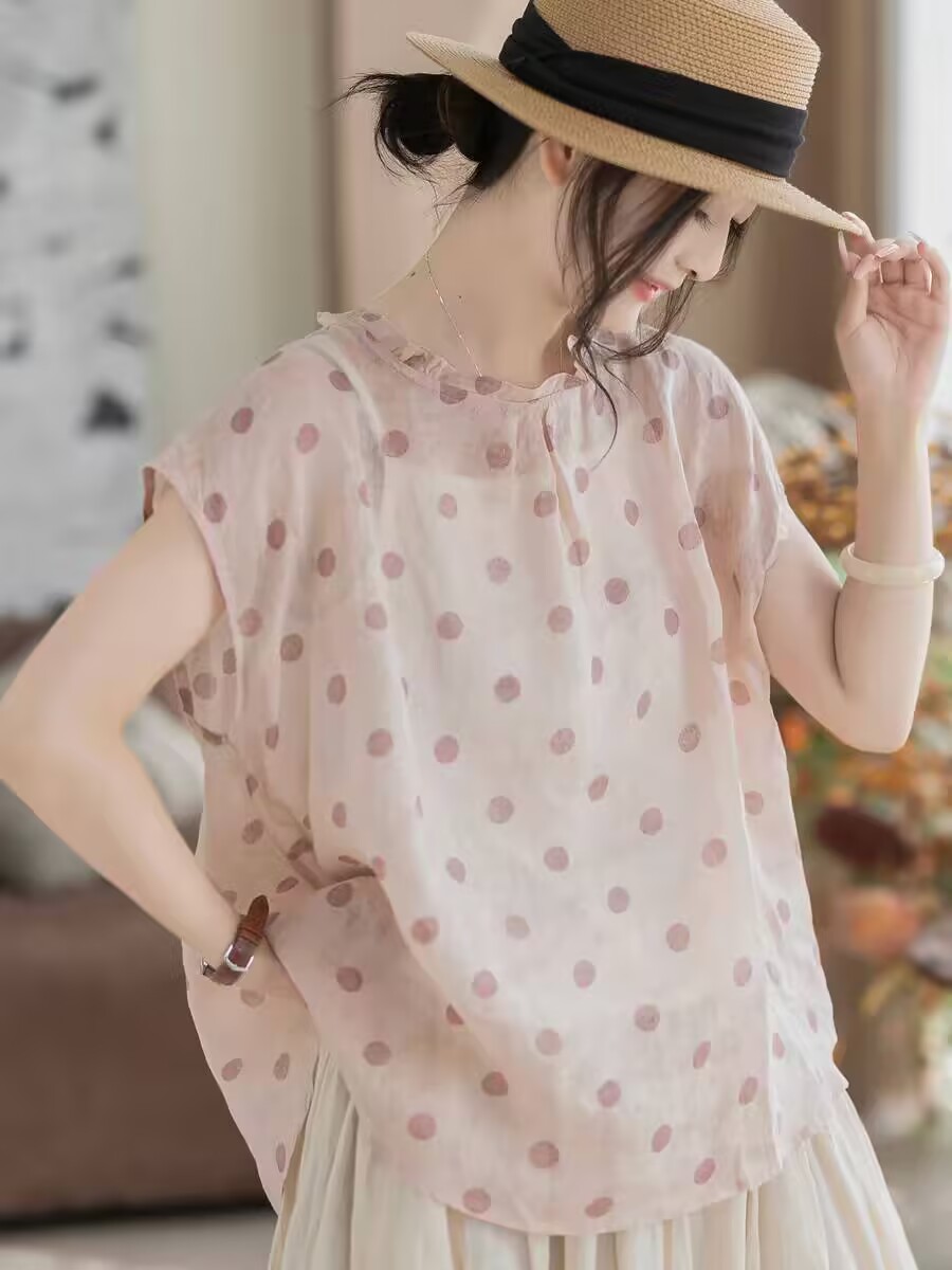비 실사 느긋한 바람 프릴 작은 날다 소매 셔츠 새로운 얇고 가벼운 루즈핏 슬림해 보이는 도트 무늬 양면 착용 맨위