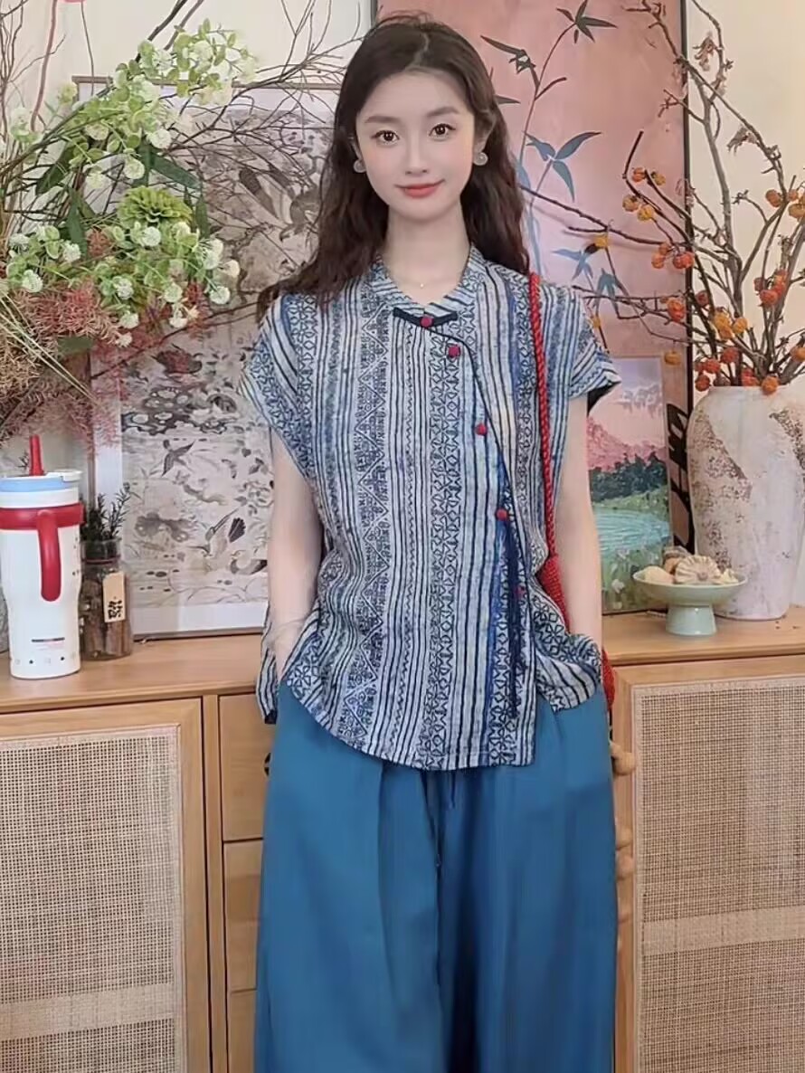 비 실사 2026 여름 새로운 홀치기 염색 프린트 아마 레트로 국풍 스탠드 칼라 비스듬한 襟 작은 셔츠 맨위