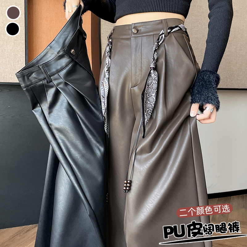 实咖色PU皮丝带阔腿裤女2025秋新款高腰宽松显瘦直筒休闲拖地皮裤