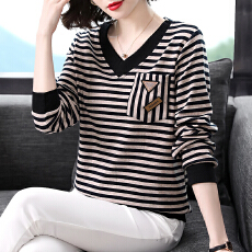 批发2025秋新长袖t恤女<b class='q'>加肥</b><b class='q'>加大</b>码<b class='q'>女装</b>宽松妈妈百搭休闲V领条纹打底衫