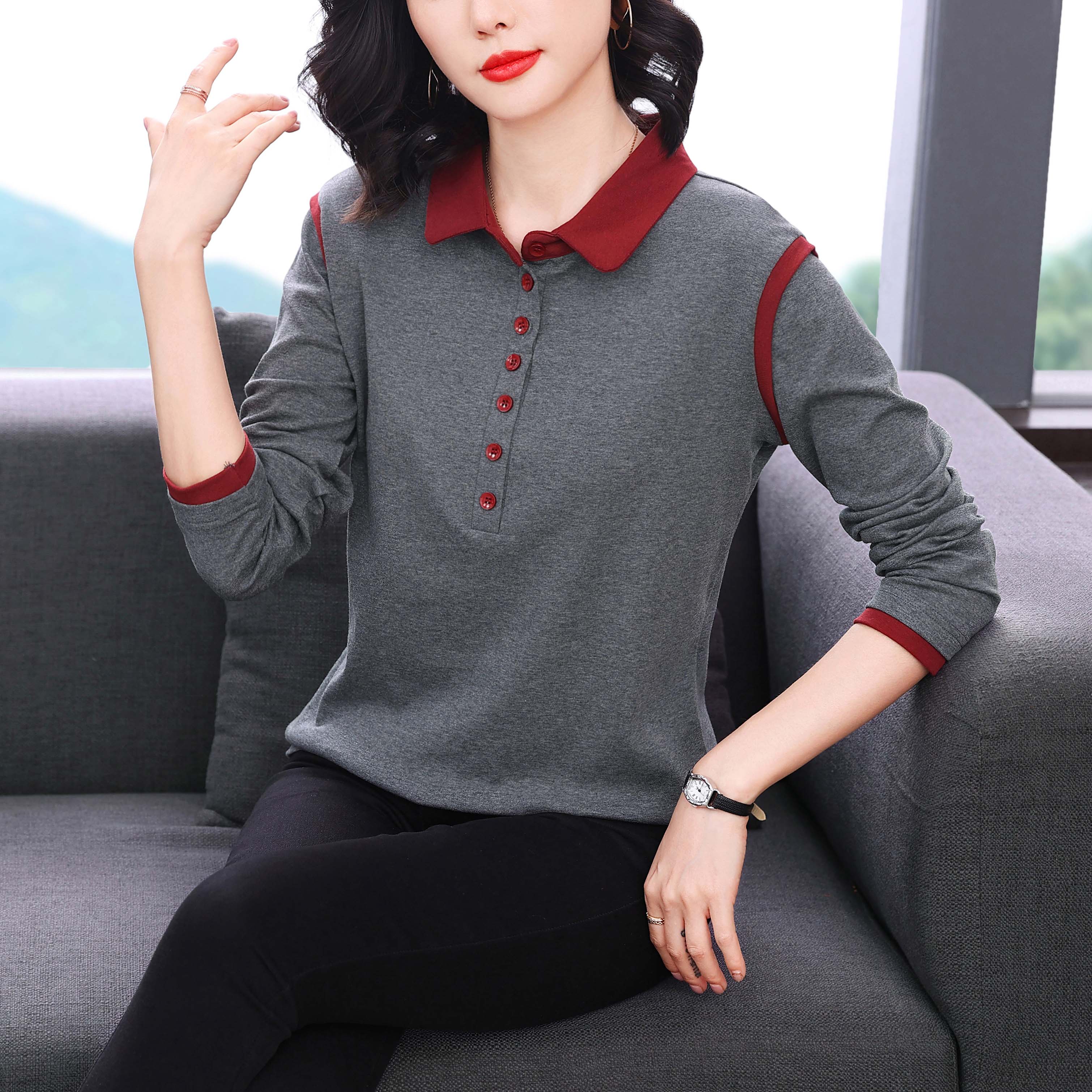 2026 봄 순면 긴팔 티셔츠 여성 외국 가스 연령 감소 패션 슬림해 보이는 다용도 여성 폴로 칼라 기본 셔츠 맨위