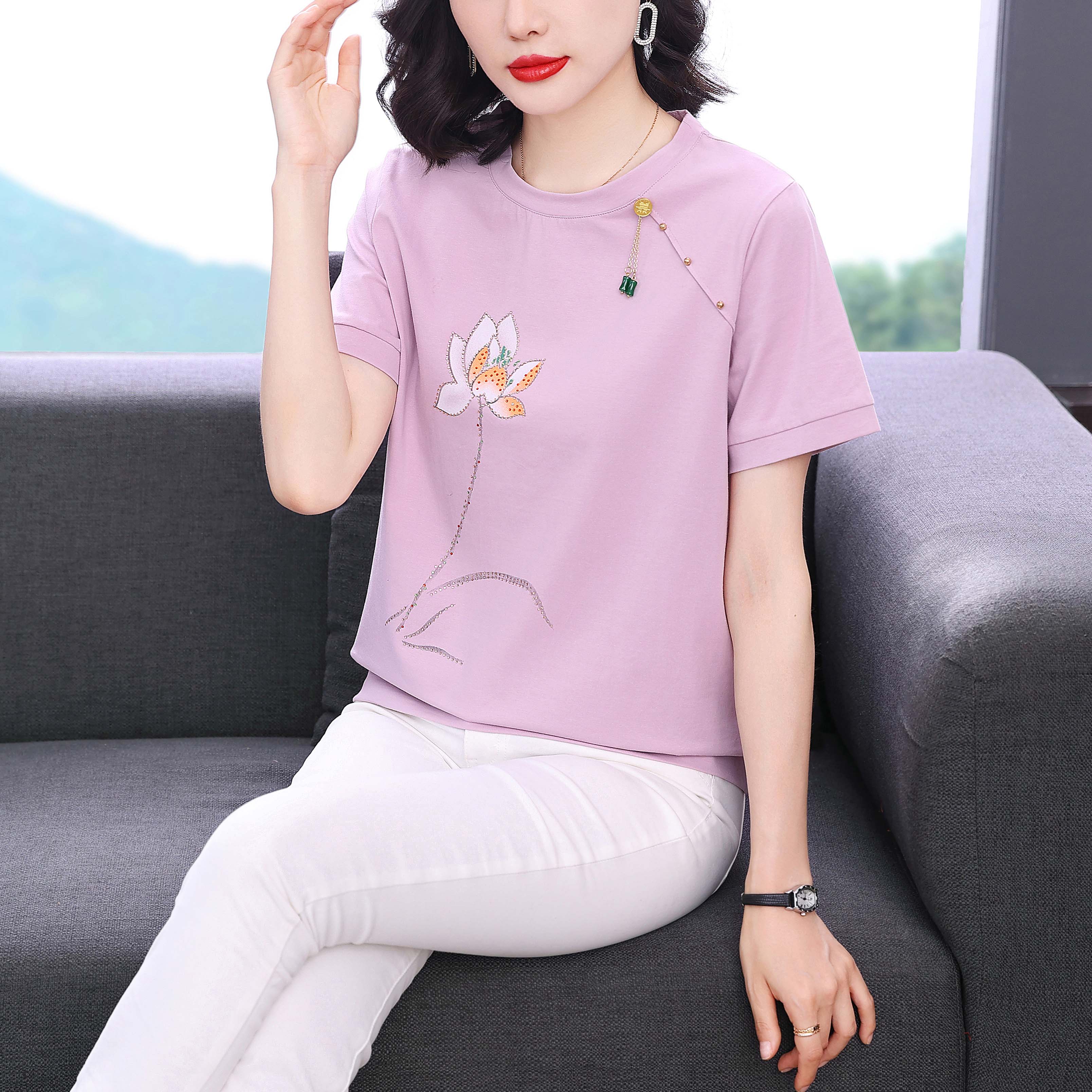 2026 새로운 중년 여성 작은 셔츠 외국 가스 엄마 연령 감소 동정 맨위 순면 반팔 티셔츠 여성 루즈핏
