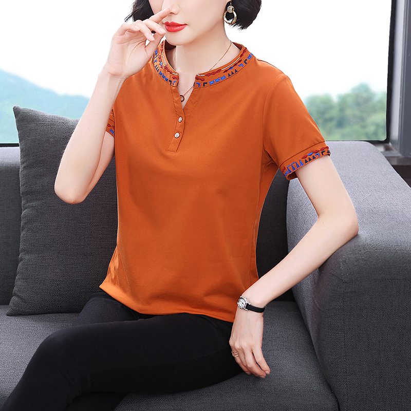 2026 여름 새로운 순면 반팔 티셔츠 여성 민족 스타일 엄마 맨위 미니멀리즘 작은 대중 디자인 센스 자수 옷