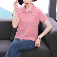 批发2026年新款妈妈百搭休闲爱心刺绣<b class='q'>上衣</b>粉色翻领短袖T恤女夏季女装