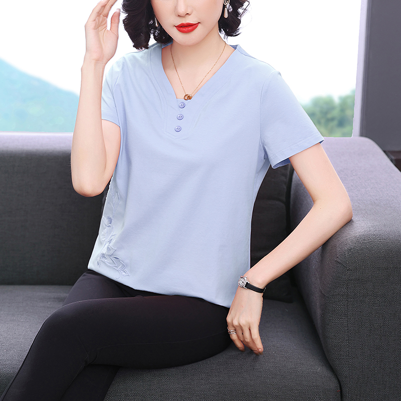 2026 여름 새로운 면 빅 사이즈 루즈핏 표지 배 다용도 맨위 엄마 미니멀리즘 자수 순면 반팔 티셔츠 여성