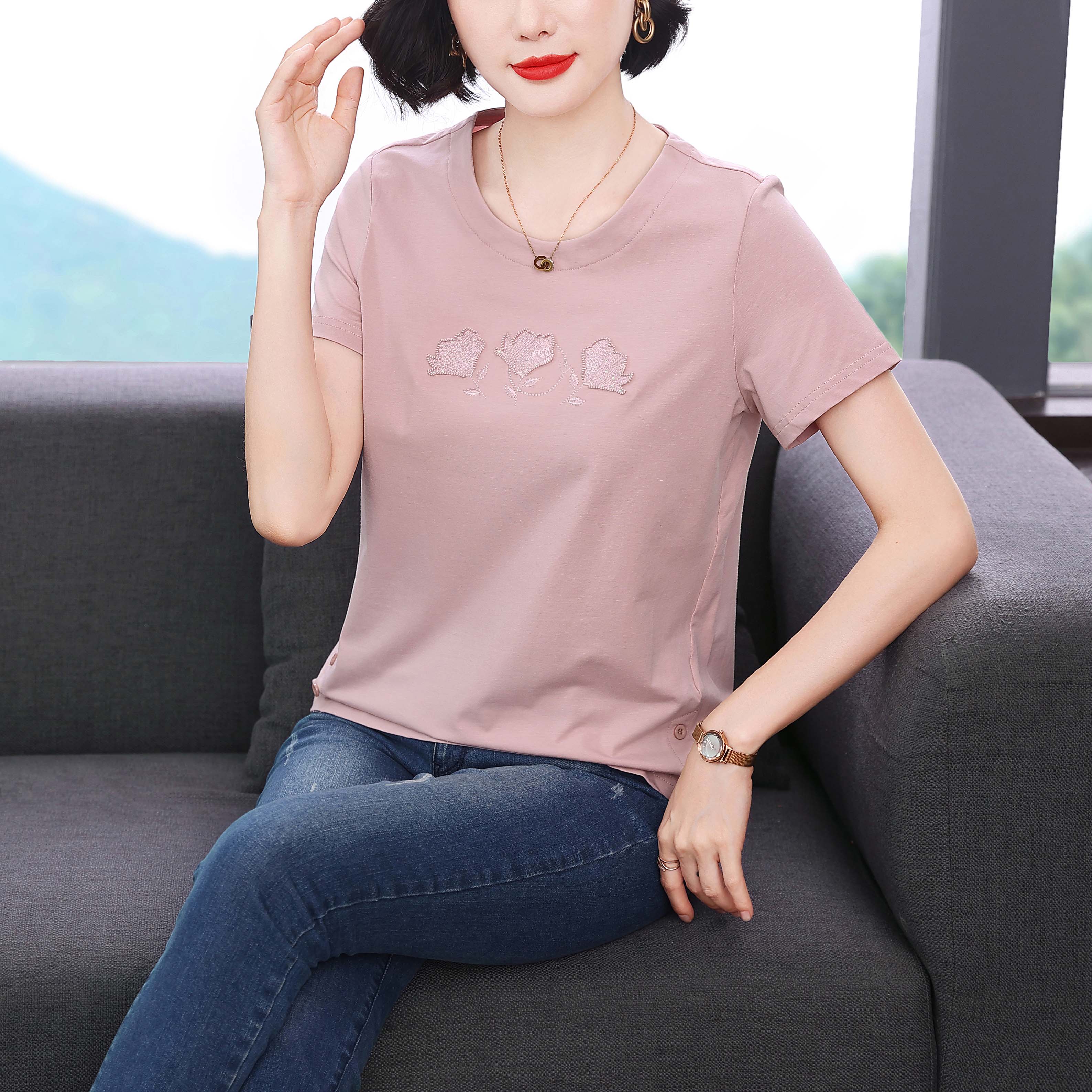 2026 새로운 여름 라운드 넥 자수 작은 키 아름다운 캐주얼 작은 맨위 순면 긍정적 인 어깨 반팔 티셔츠 여성