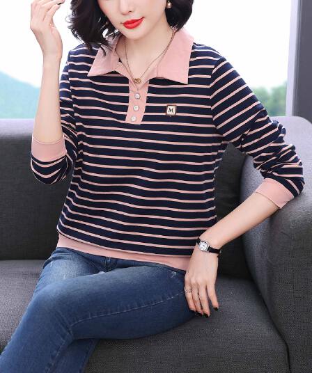순면 패치워크 색상 스트라이프 긴팔 티셔츠 여성 가을 의상 새로운 폴로 칼라 연령 감소 맨위 중년 어머니 드레스 외국 가스 맨위